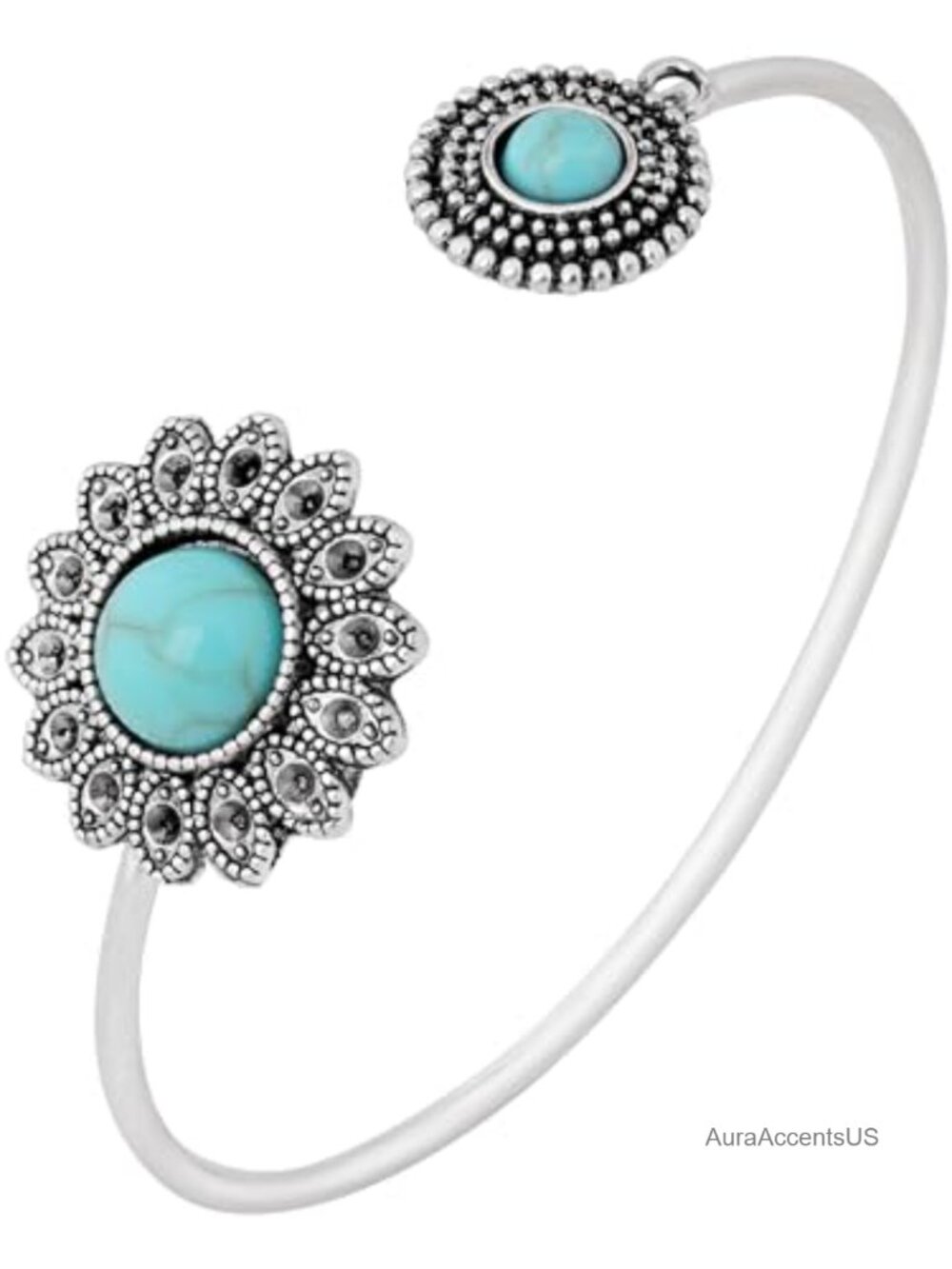Silver-Overlay Turquoise Cuff Bangle Pear Shape Flower Charm Women's Boho